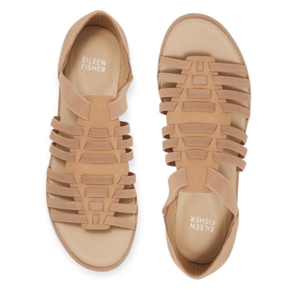 NEW Eileen Fisher Rato Elastic Tan Nubuck Gladiator Sandals Flats Size 7.5 - Picture 2 of 7